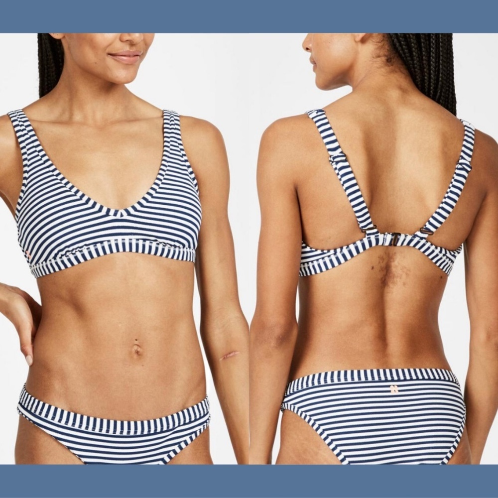 NEW $75 Sweaty Betty Retro Striped Bikini Top in Beetle Blue [SZ Large‎ ]